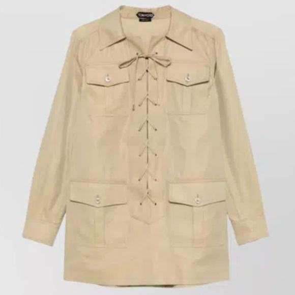 Y2K Vintage Y2K Utility Cargo Beige Lace-Up Safari Shirt Nine West Medium - Picture 1 of 5